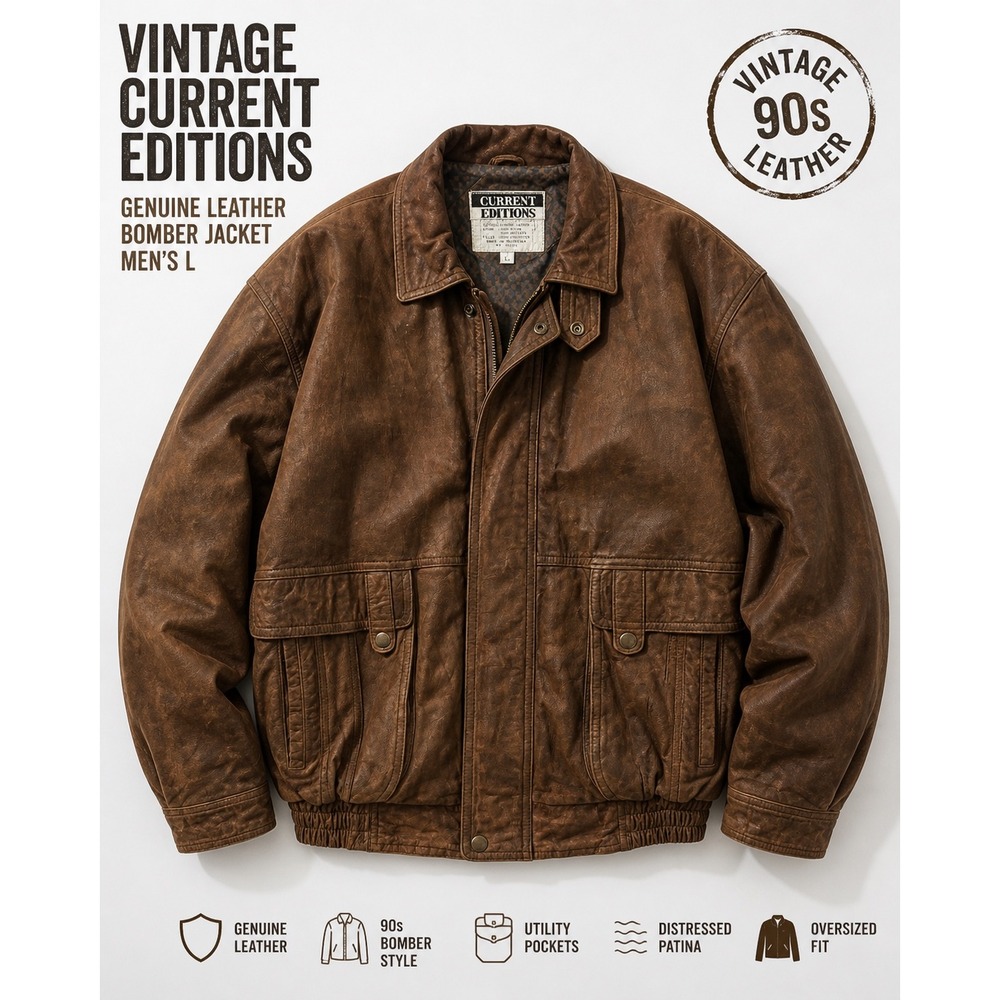 Vintage Current Editions Brown Leather Bomber Jacket Mens L Distressed Heavy